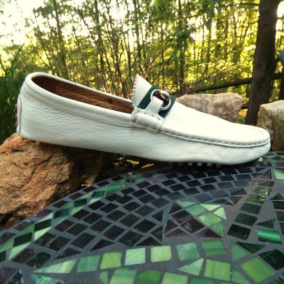 Gucci Men's Loafers Drivers White Size 10 Web Stripe Horsebit Tayma Goat Leather - Picture 4 of 11